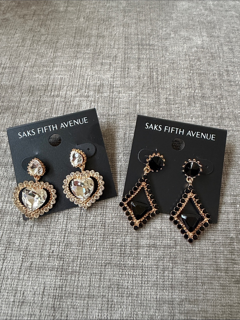 Saks Fifth Avenue Gold-Tone Clear Crystal Heart & Black Gem Drop Earrings Duo